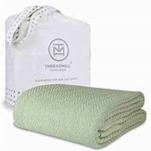 Threadmill 100% Cotton Herringbone Blanket ( New) Light Sage Green, Full/Queen